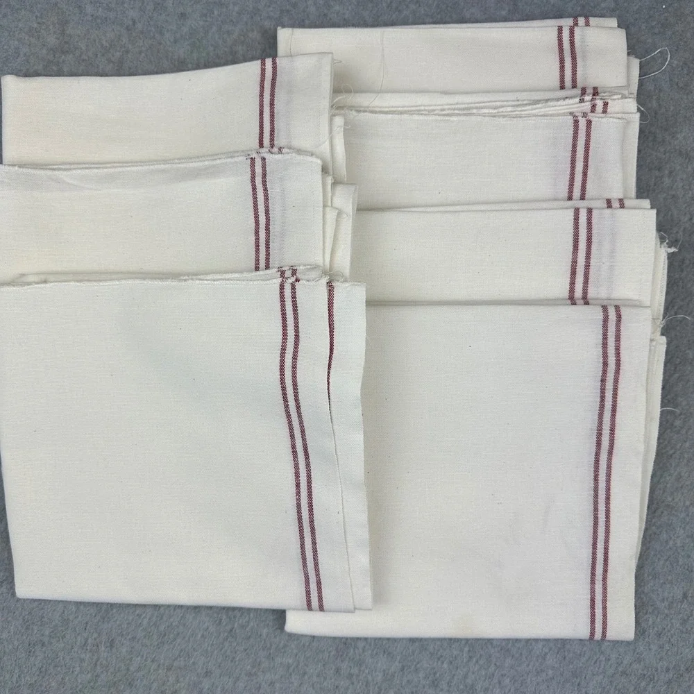 7PC Vtg Linen Farmhouse Tablecloths Bread Cloths Red Stripe 32x34 French Country
